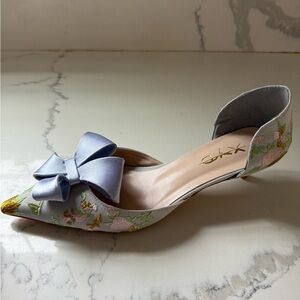 XYD Light Blue Satin Floral Printed Bow Kitten Heels